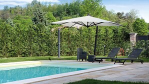 A swimming pool with lounge chairs and an umbrella, surrounded by a well-maintained lawn and dense greenery.