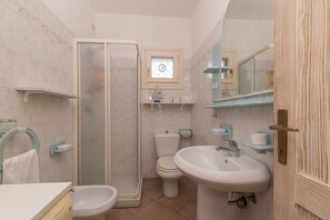 A bathroom with a shower, toilet, bidet, sink, and a mirror.