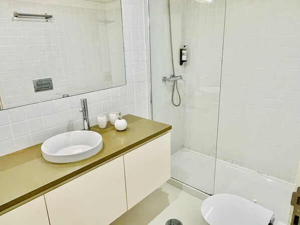 Shower, hair dryer, towels