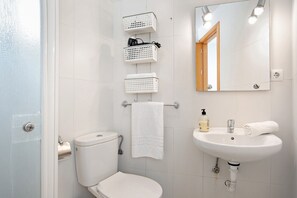 Chuveiro, secador de cabelo, toalhas de banho 