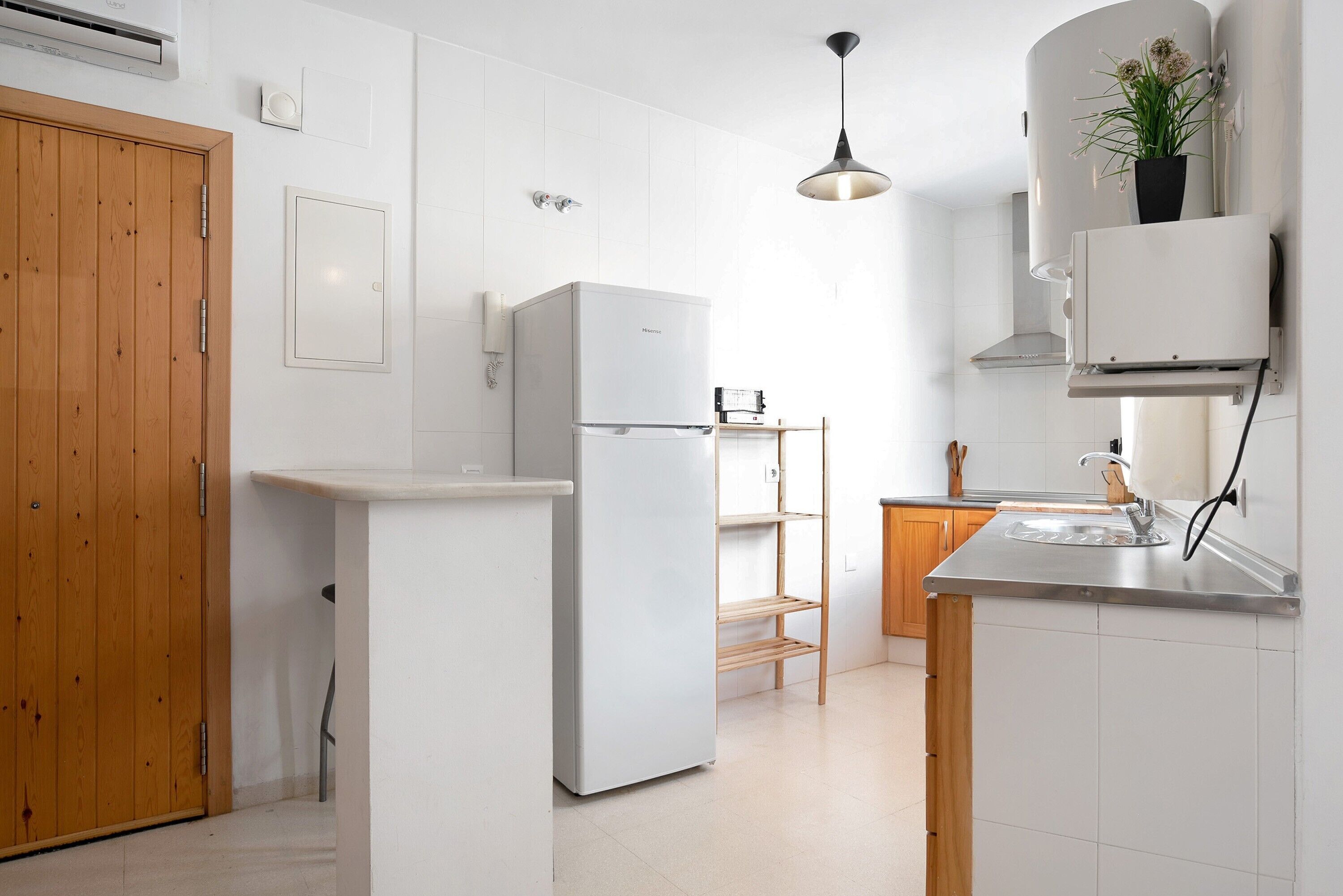 A modern kitchen with white cabinetry, a built-in refrigerator, a wooden door, and a hanging plant.