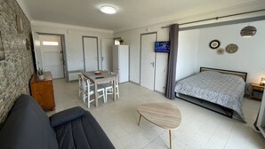 A compact room with a bed, a small table with chairs, a sofa, a TV, and a refrigerator.