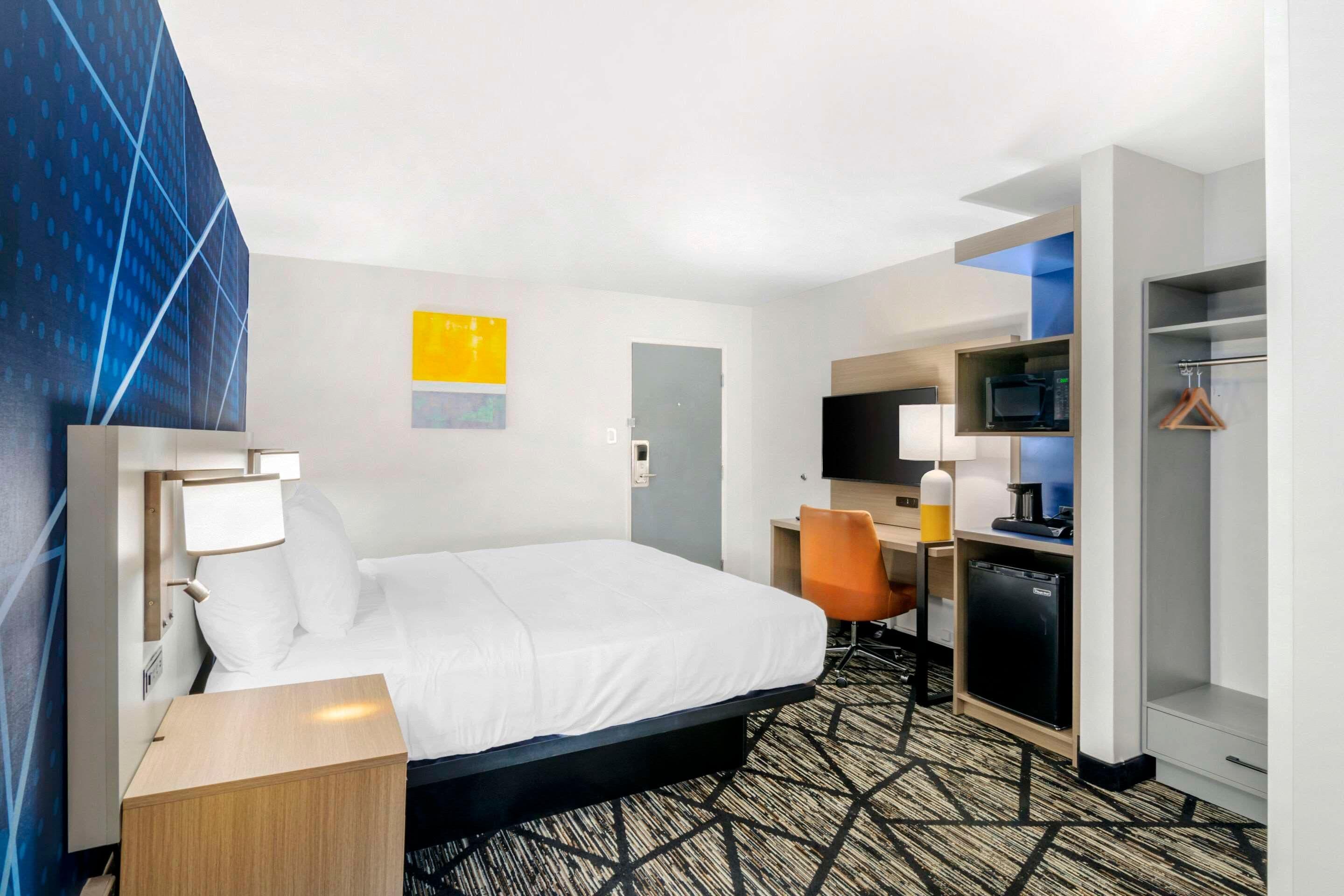 A hotel room with a bed, desk, chair, TV, and a microwave.