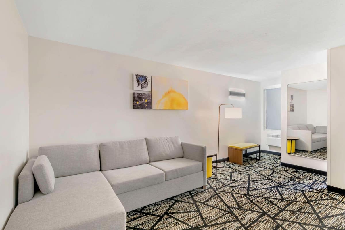Una habitación de hotel moderna con un sofá gris, una alfombra estampada y obras de arte en la pared.