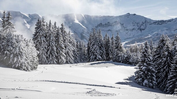 A snowy mountain landscape with evergreen trees and a clear sky. - Duplex near Jaillet cable car with mountain views, 2 ensuite bedrooms, balcony, and parking (Megève)