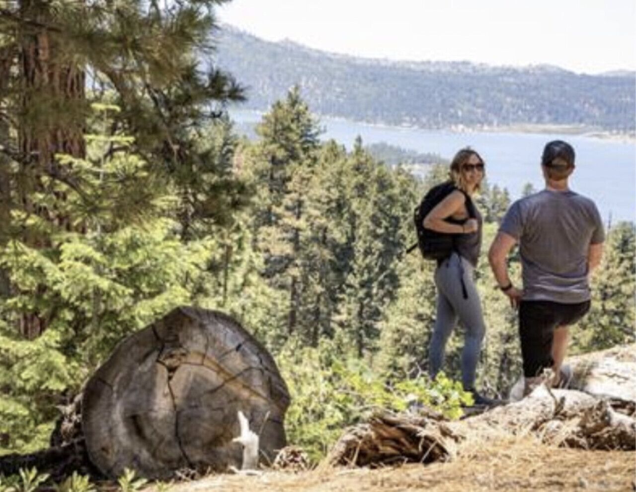 Une zone boisée avec un tronc d’arbre tombé de grande taille, un lac en arrière-plan et deux personnes qui font de la randonnée.