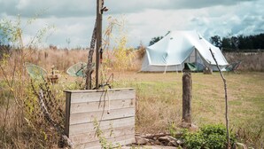 Een tent in een grasveld met een houten constructie in de buurt.