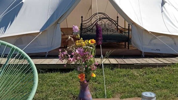 Een witte tent met een bed, een groene stoel, een vaas met bloemen en een pot op de grond.