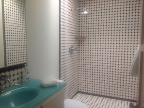 Ducha, secador de pelo, toallas, jabón