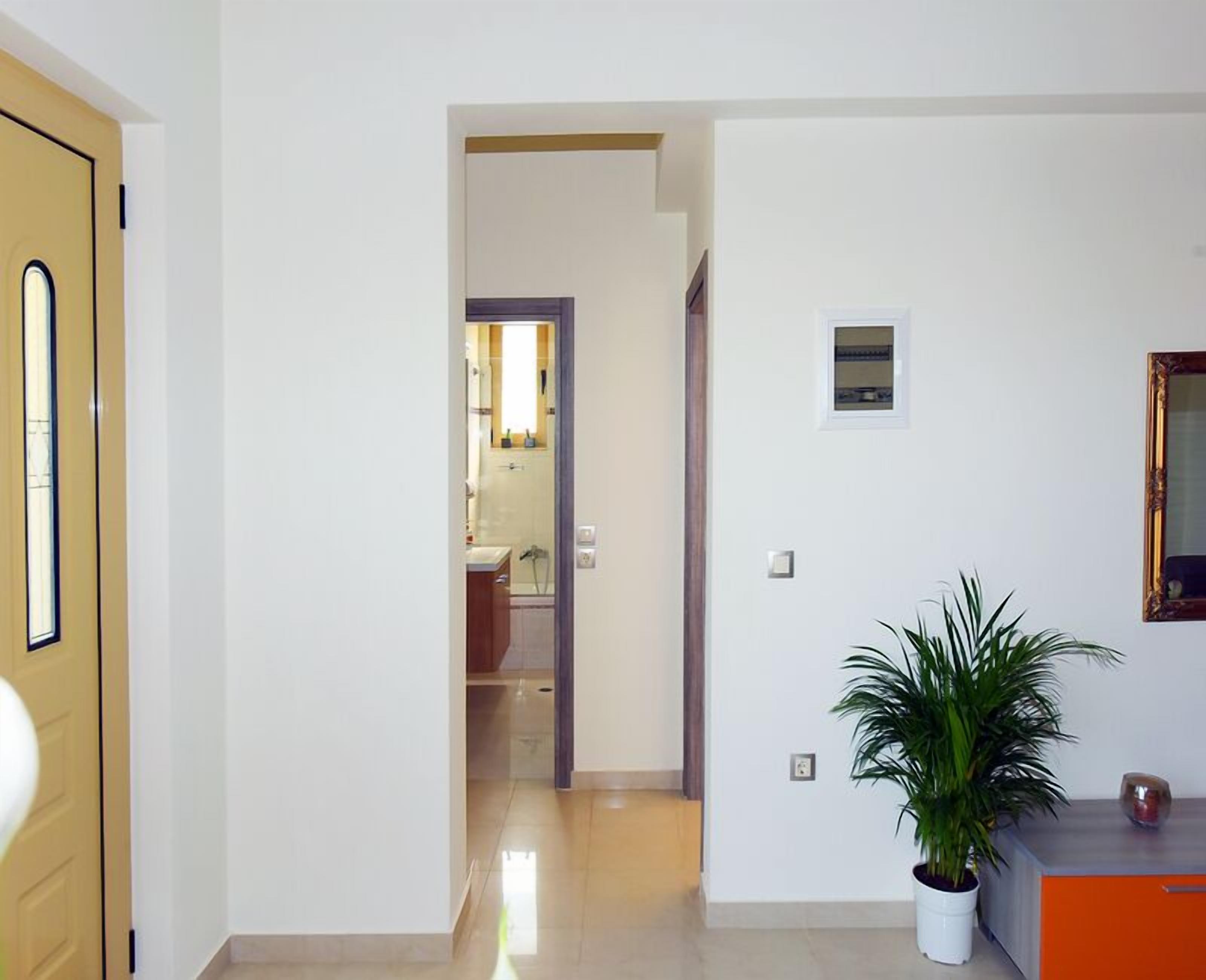 Un pasillo que lleva a un baño con ducha, una planta en maceta y un espejo en la pared.