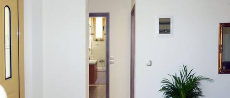 A hallway leading to a bathroom with a shower, a potted plant, and a mirror on the wall.