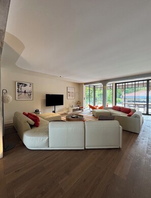 Televisie, een open haard, een dvd-speler en een tafeltennistafel