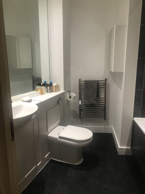 Bathroom features a toilet, sink, and shower area with a glass door.