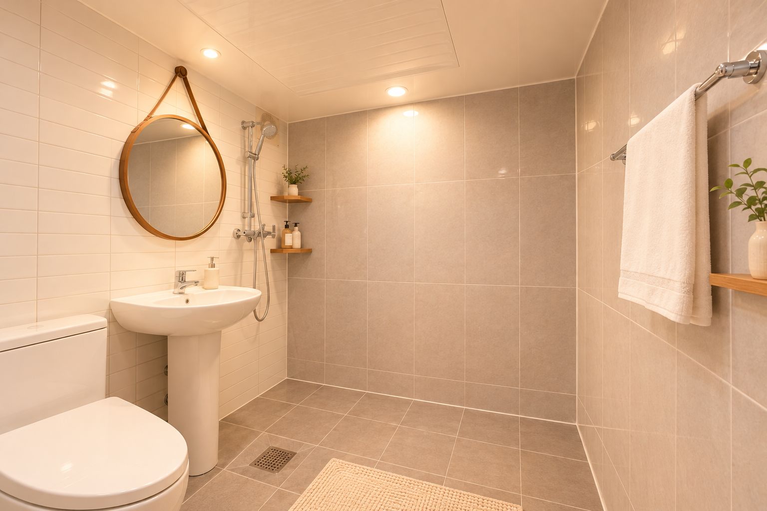 Un baño moderno con inodoro, lavamanos, ducha y toallero.