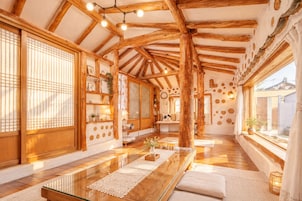 Perinteinen japanilaistyylinen huone, jossa on tatamimatto, puupalkit ja shoji-liukuovet.