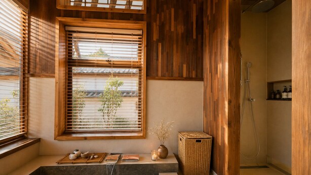 Perinteinen japanilaistyylinen kylpyhuone, jossa on puinen sisustus, kivinen poreallas ja puinen hylly, jossa on hygieniatuotteita.