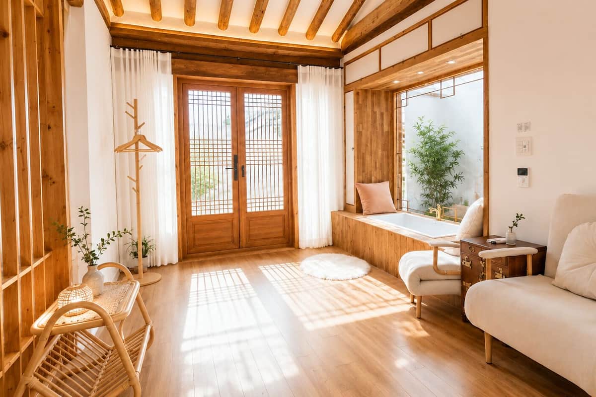 Une pièce avec un plancher en bois, un canapé, une petite table, une fenêtre donnant sur un beau paysage et une porte à motifs géométriques.