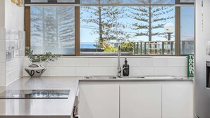 A modern kitchen with a large window, white cabinets, a stainless steel sink, and a plant on the counter.