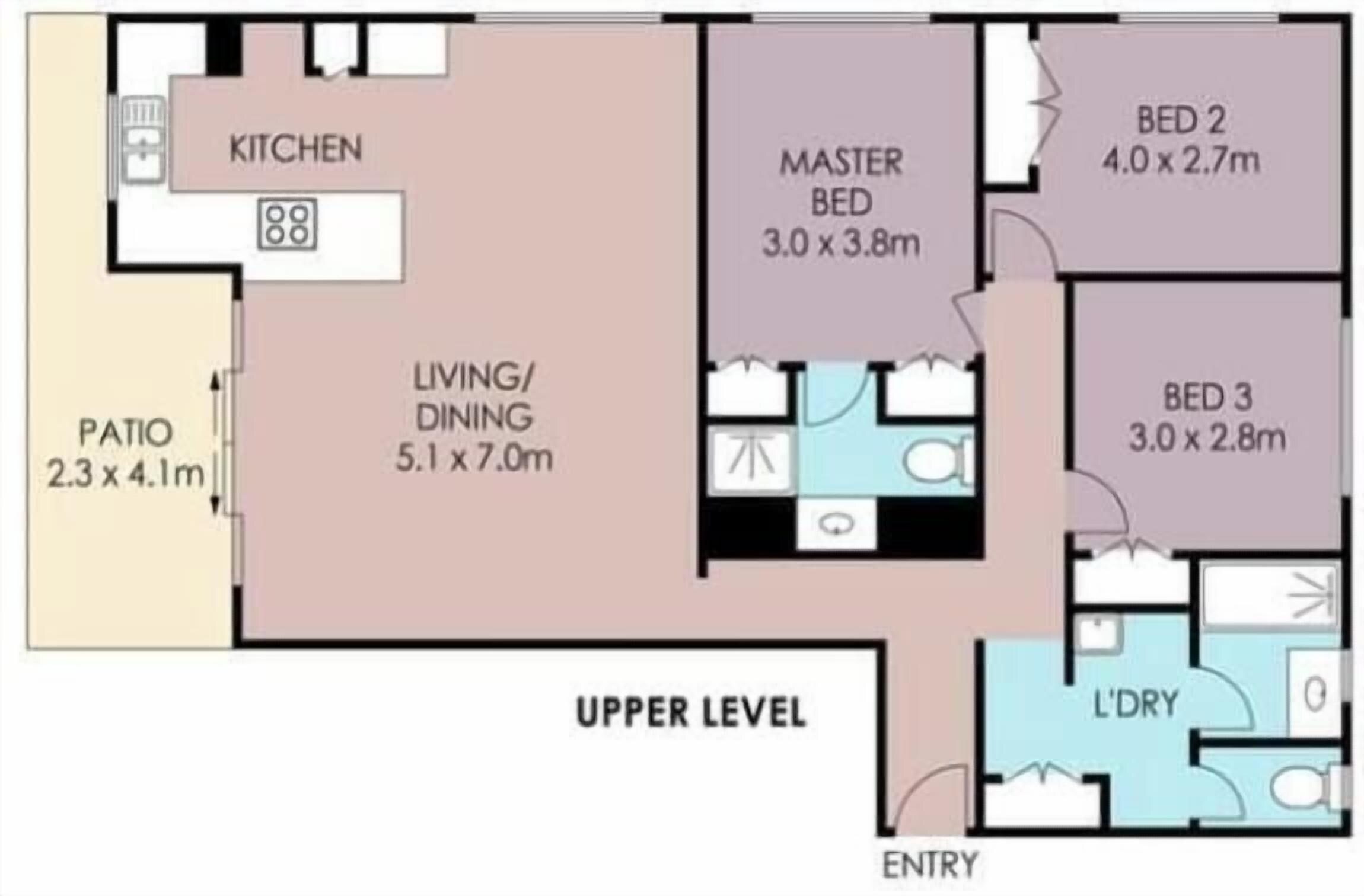 A hotel layout with a kitchen, master bedroom, two other bedrooms, a living/dining area, a patio, and an entry.