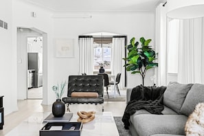 En moderne stue med en grå sofa, en sort læderstol, et sofabord og en stor grøn plante.