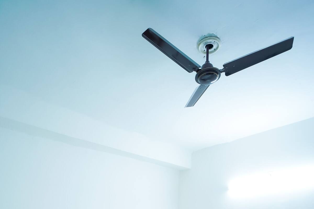 A hotel room with a bed, nightstand, and a ceiling fan.