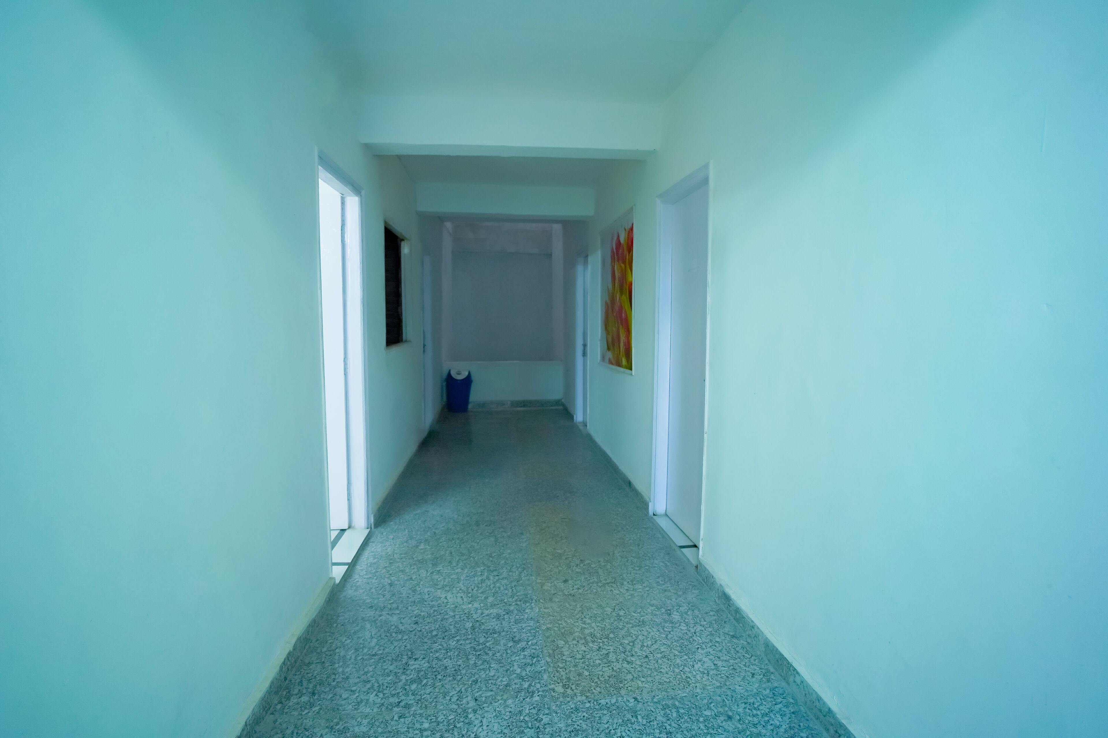 A narrow hallway with white walls and a grey carpet.
