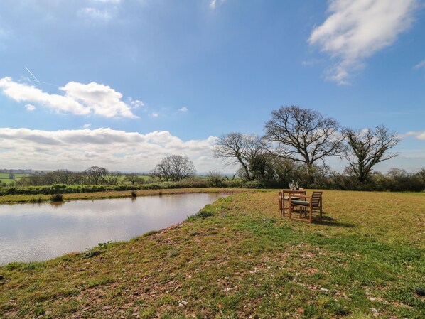 A riverside view with a wooden bench and trees in the background.