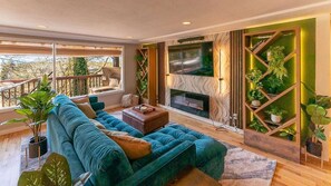 TV, fireplace, video games, stereo