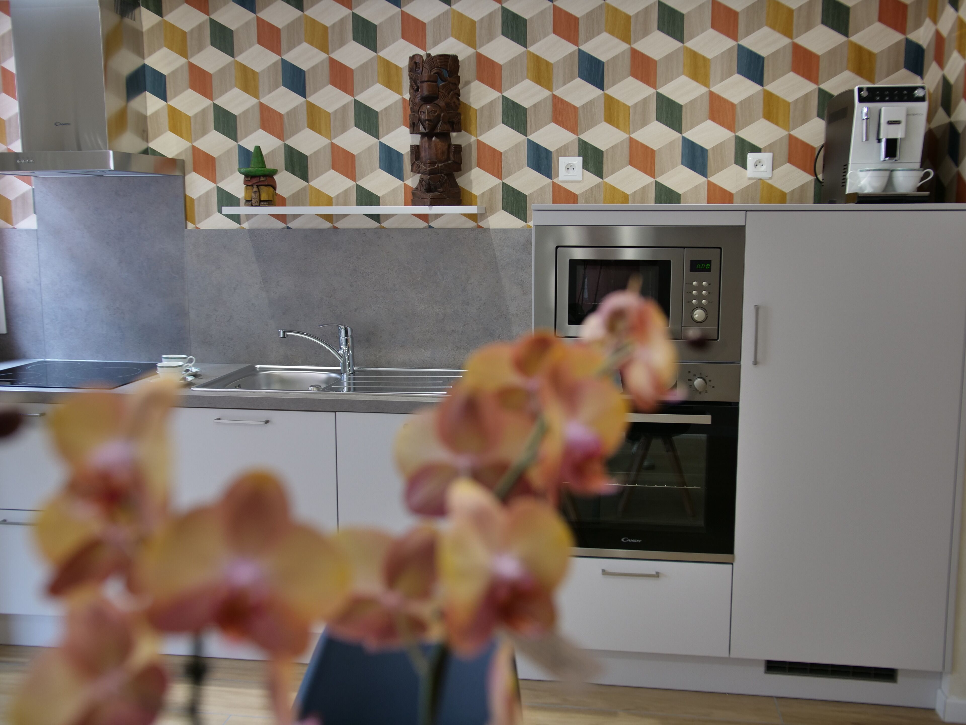 Een koelkast, een microgolfoven, een kookplaat, een vaatwasser