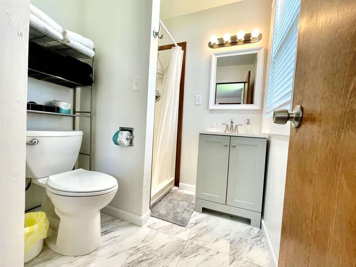 Shower, towels, soap, toilet paper