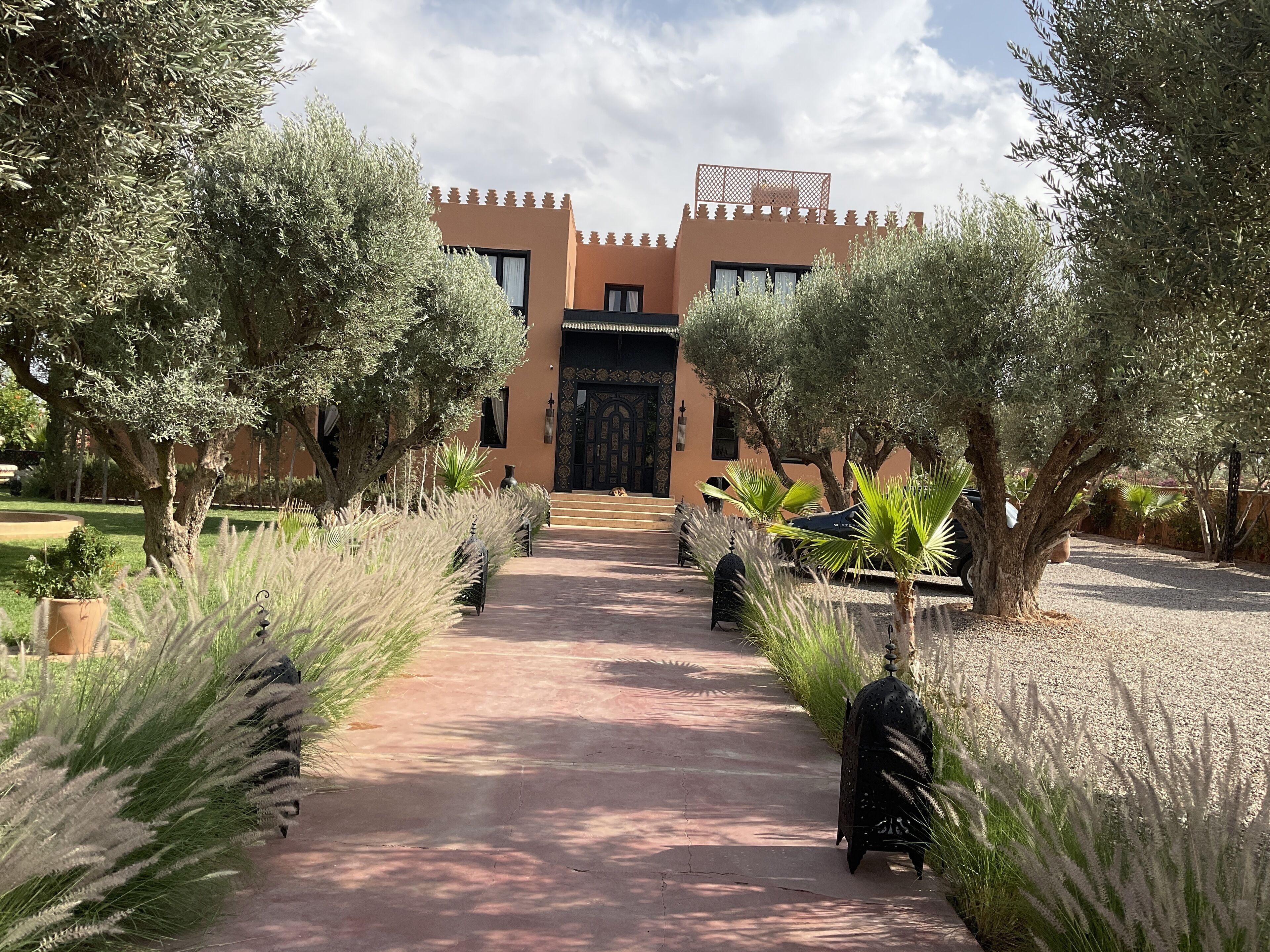 Un chemin menant à un bâtiment à l’architecture traditionnelle, entouré d’oliviers et de graminées ornementales.