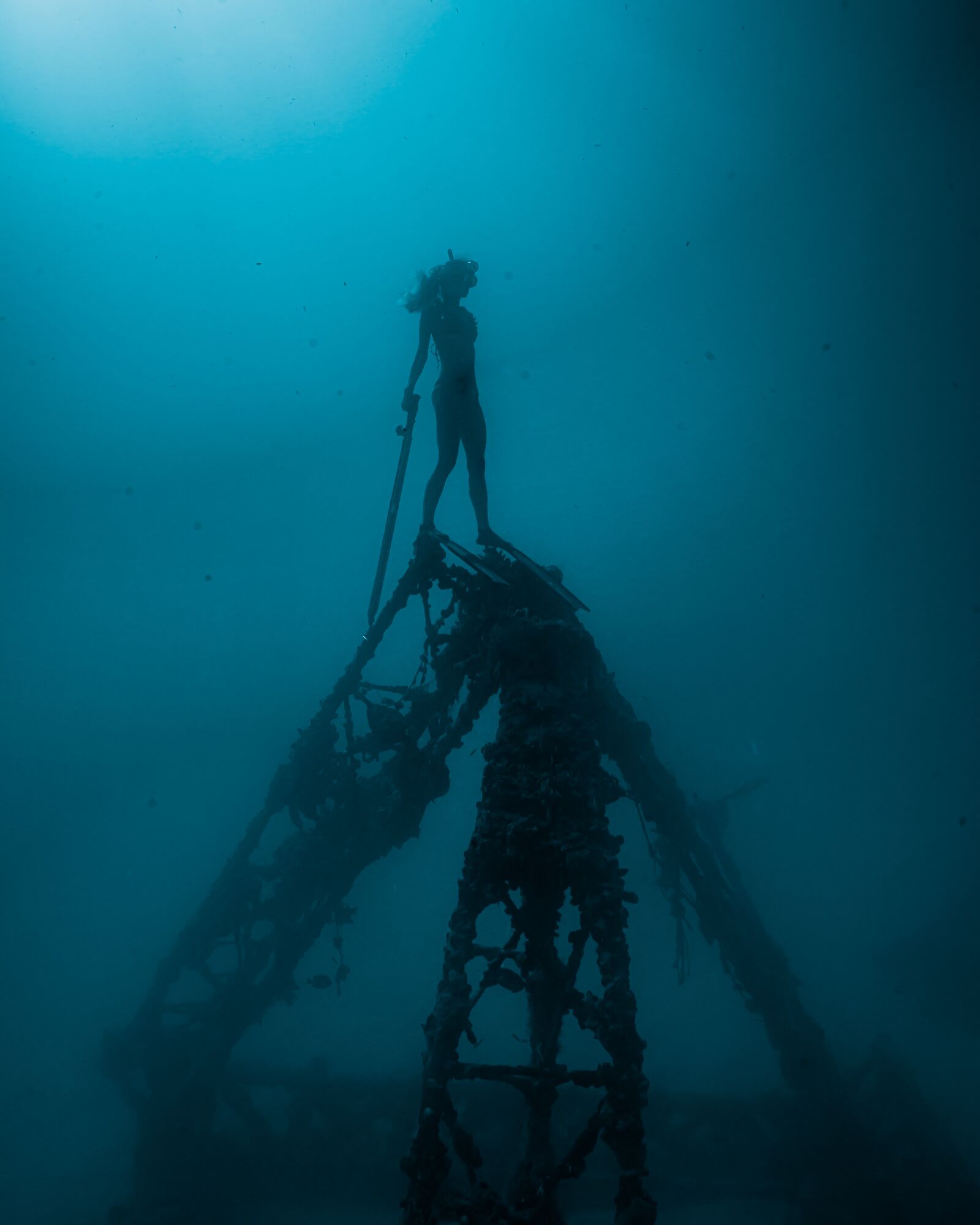 A diver standing on a submerged structure with a clear view of the surrounding underwater environment.