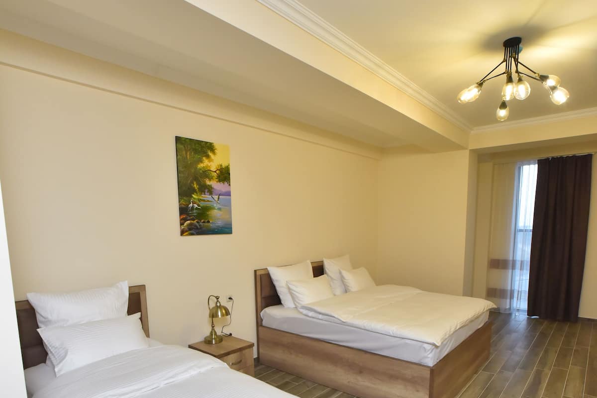 Habitación de hotel con dos camas, suelo de madera, un cuadro en la pared y una lámpara en el techo.