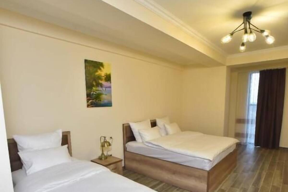 Una habitación de hotel con dos camas, un cuadro en la pared y una lámpara en el techo.
