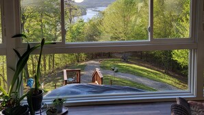 A room with a large window offering a view of a forested area and a body of water. There are several potted plants on the windowsill. - Beautiful waterfront lodge, private dock and breath taking views of Smith Mt. (Pittsville)