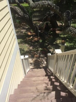 Stairs lead down to a shaded outdoor area surrounded by trees.