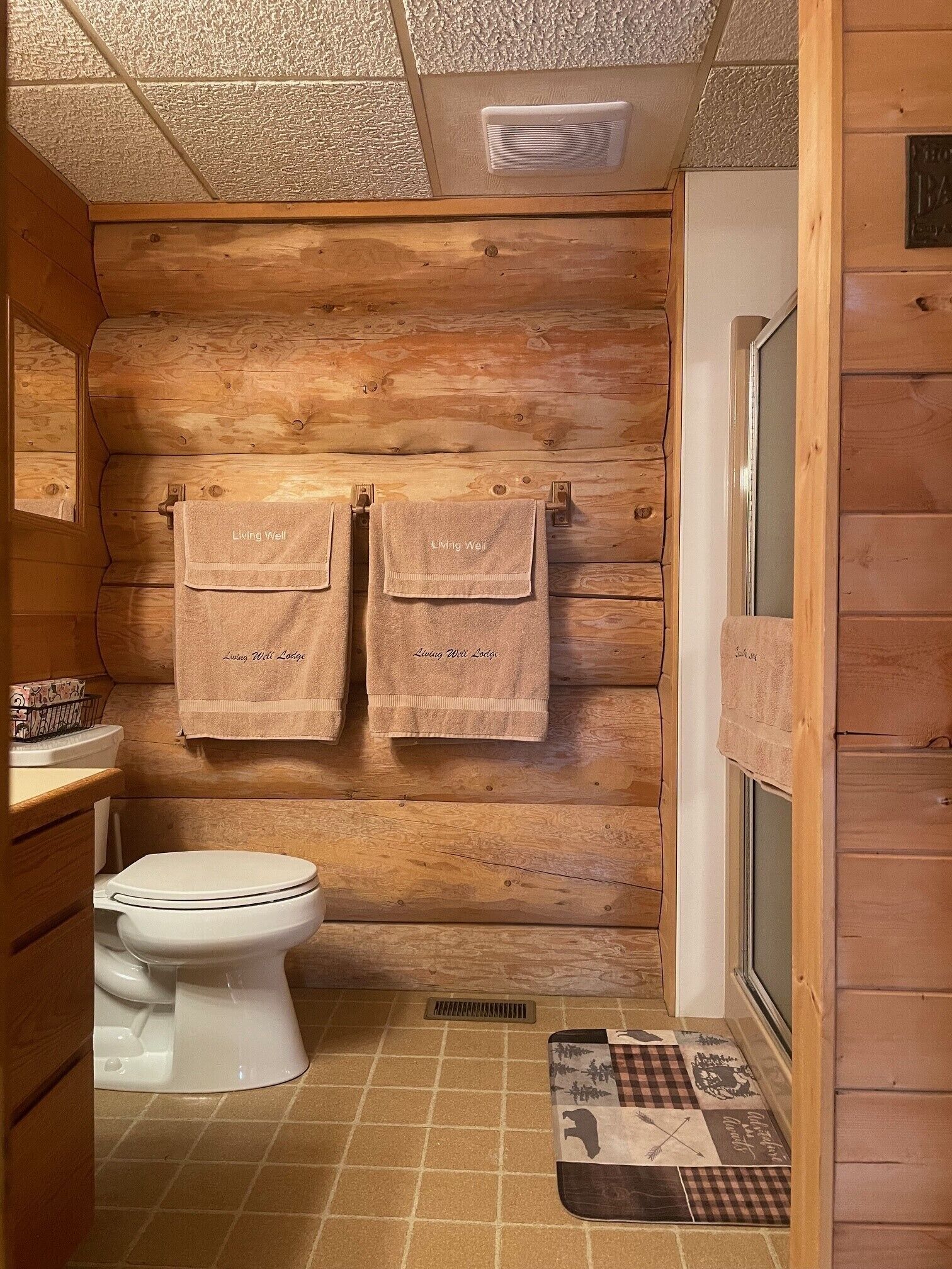 Un baño de cabaña de madera con dos toallas colgadas en un perchero, un inodoro blanco y un tapete de cuadros en el suelo.
