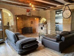 Smart TV, fireplace, books