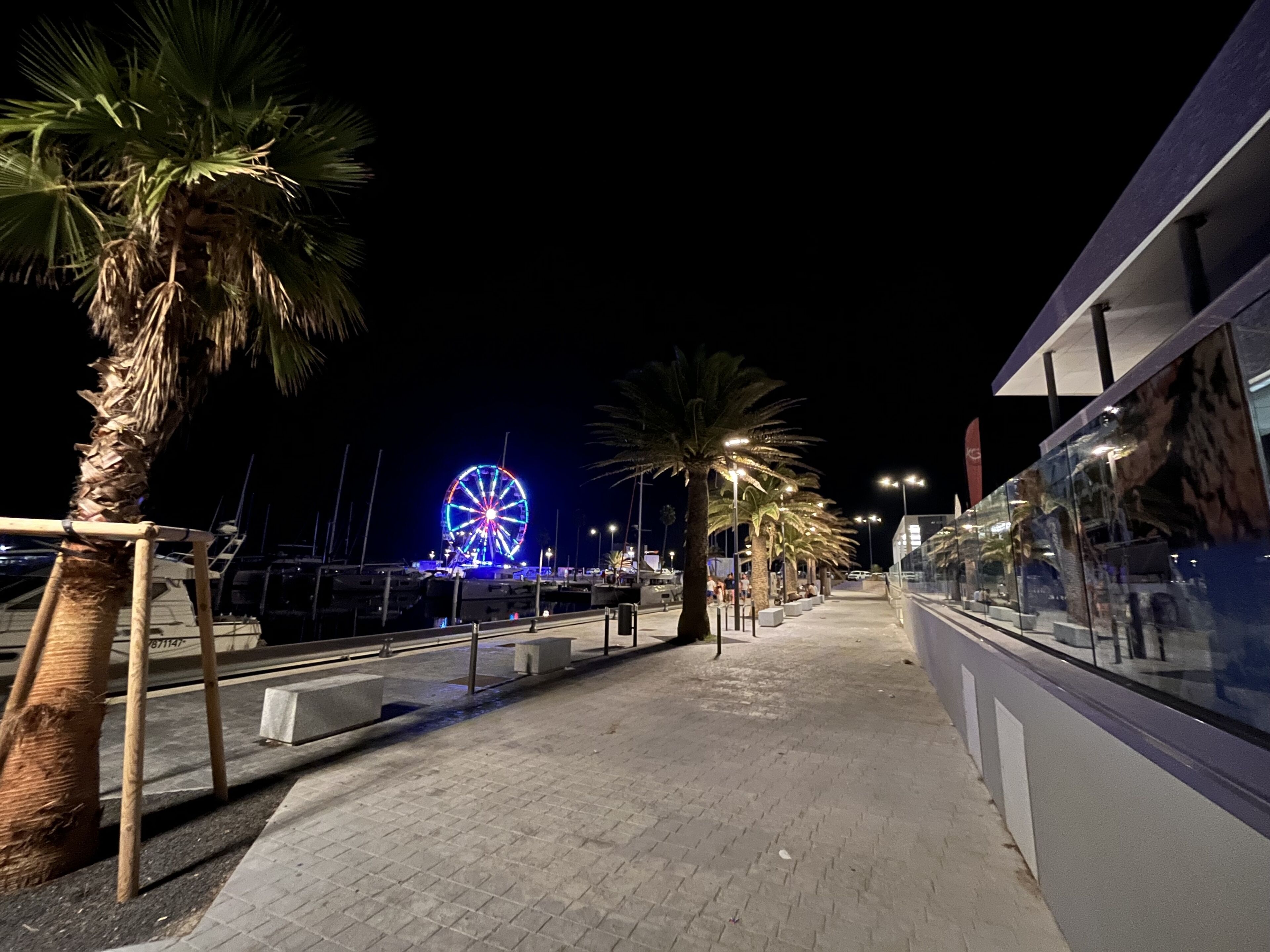 A nighttime waterfront promenade with a Ferris wheel, palm trees, and a modern building with glass windows.