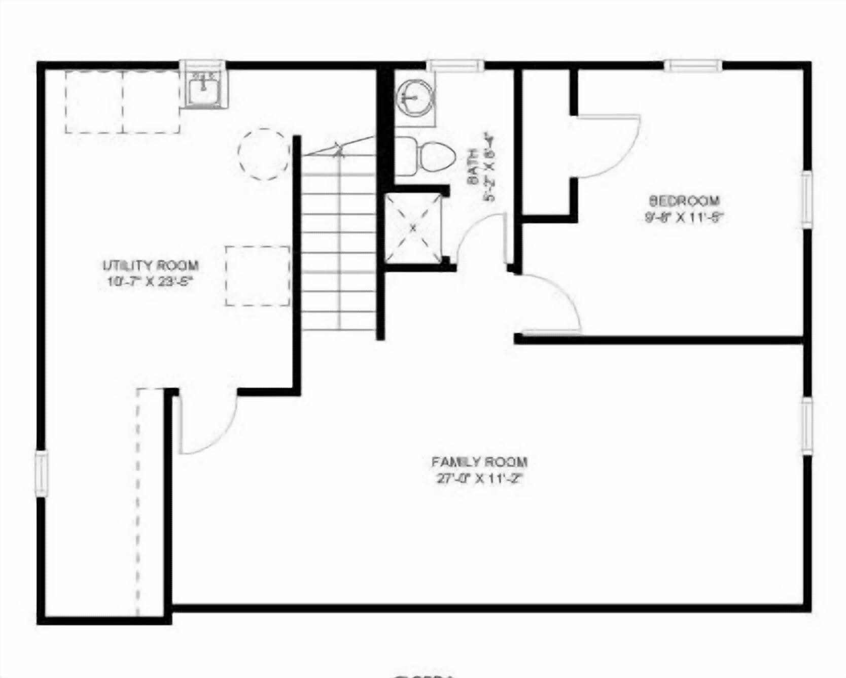 A floor plan with a bedroom, family room, and utility room.