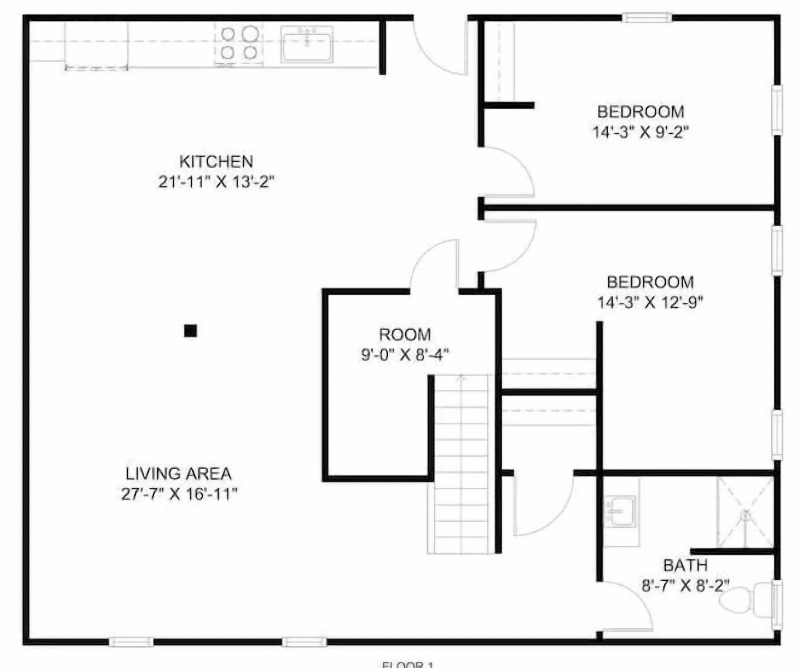 Plano de planta con cocina de 6,6 x 4,0 metros, dos dormitorios de 4,3 x 2,8 metros cada uno, una habitación de 2,7 x 2,5 metros, un área de estar de 8,4 x 4,9 metros y un baño de 2,6 x 2,4 metros.