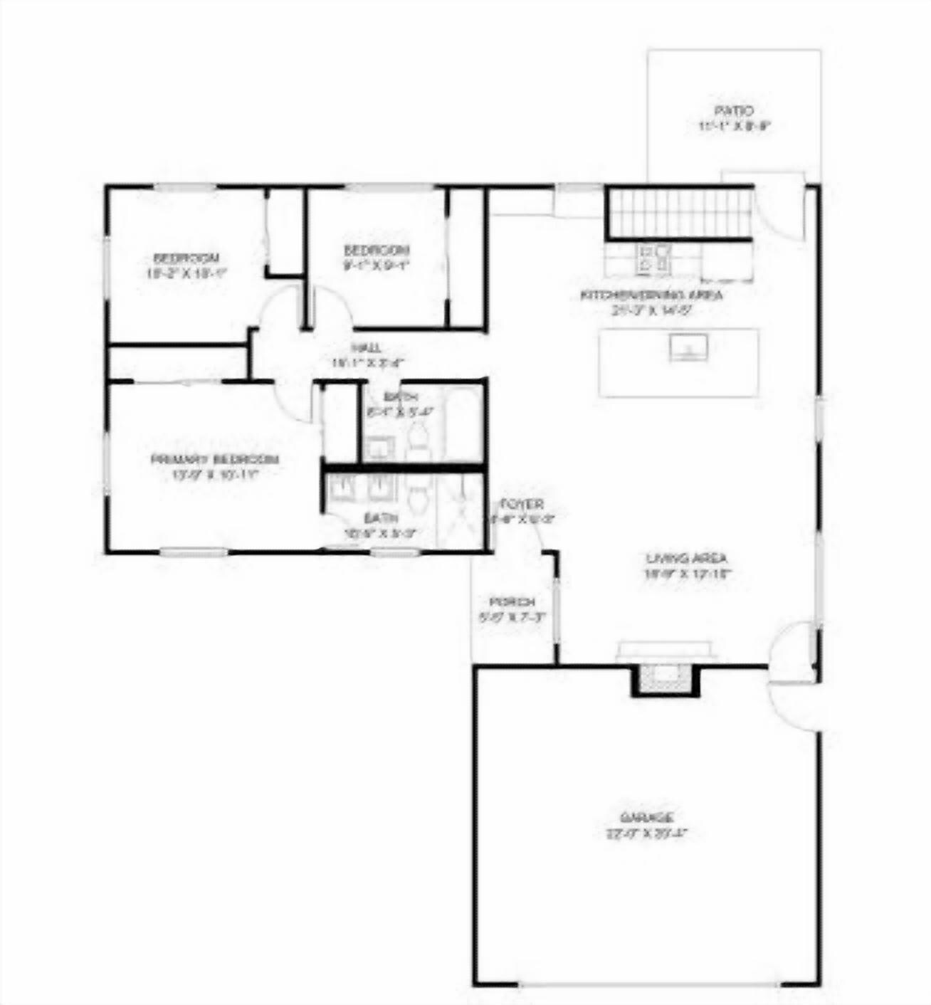 Plano de planta de una casa que incluye sala de estar, cocina, dos dormitorios, un baño, un porche y un garaje.