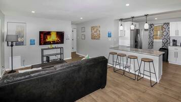 TV, fireplace, offices