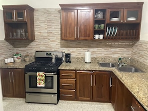 Fridge, microwave, oven, stovetop
