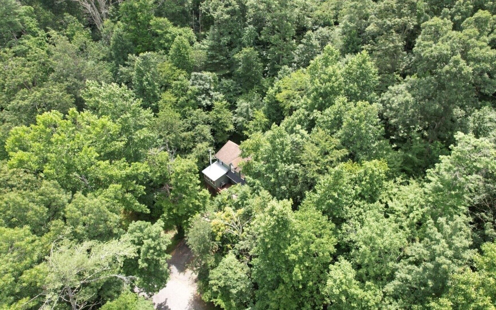 Vista aérea de uma casa cercada por floresta densa.