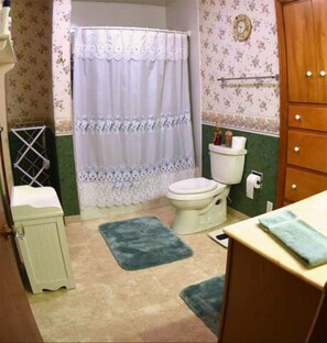 Een douche, een haardroger, handdoeken, zeep