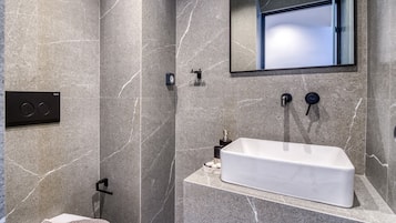 Ducha, cabezal de ducha tipo lluvia, secador de pelo, toallas