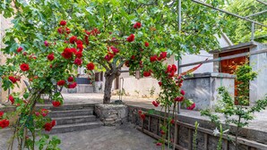 A garden with a stone staircase leading up to a wooden door, surrounded by lush greenery and red flowers. - Gorgeous home in Pridraga with WiFi (Pridraga)