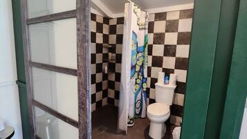 Hair dryer, towels, soap, toilet paper