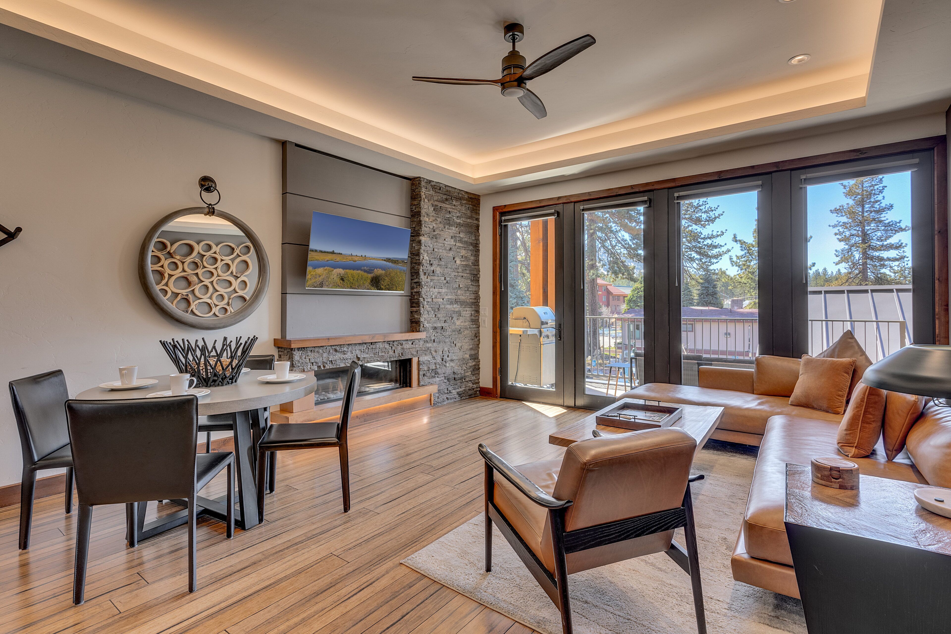 Télévision, cheminée, chaîne hi-fi